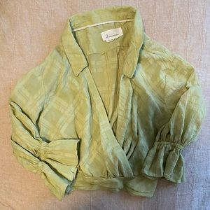 Anthropologie Womens Crop Top Smocked Collared Neck Puffy Sleeve, Lime Green